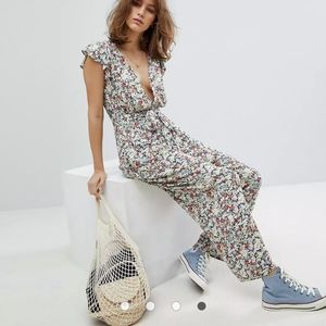 Free People Floral Jumpsuit with Ruffle Sleeves